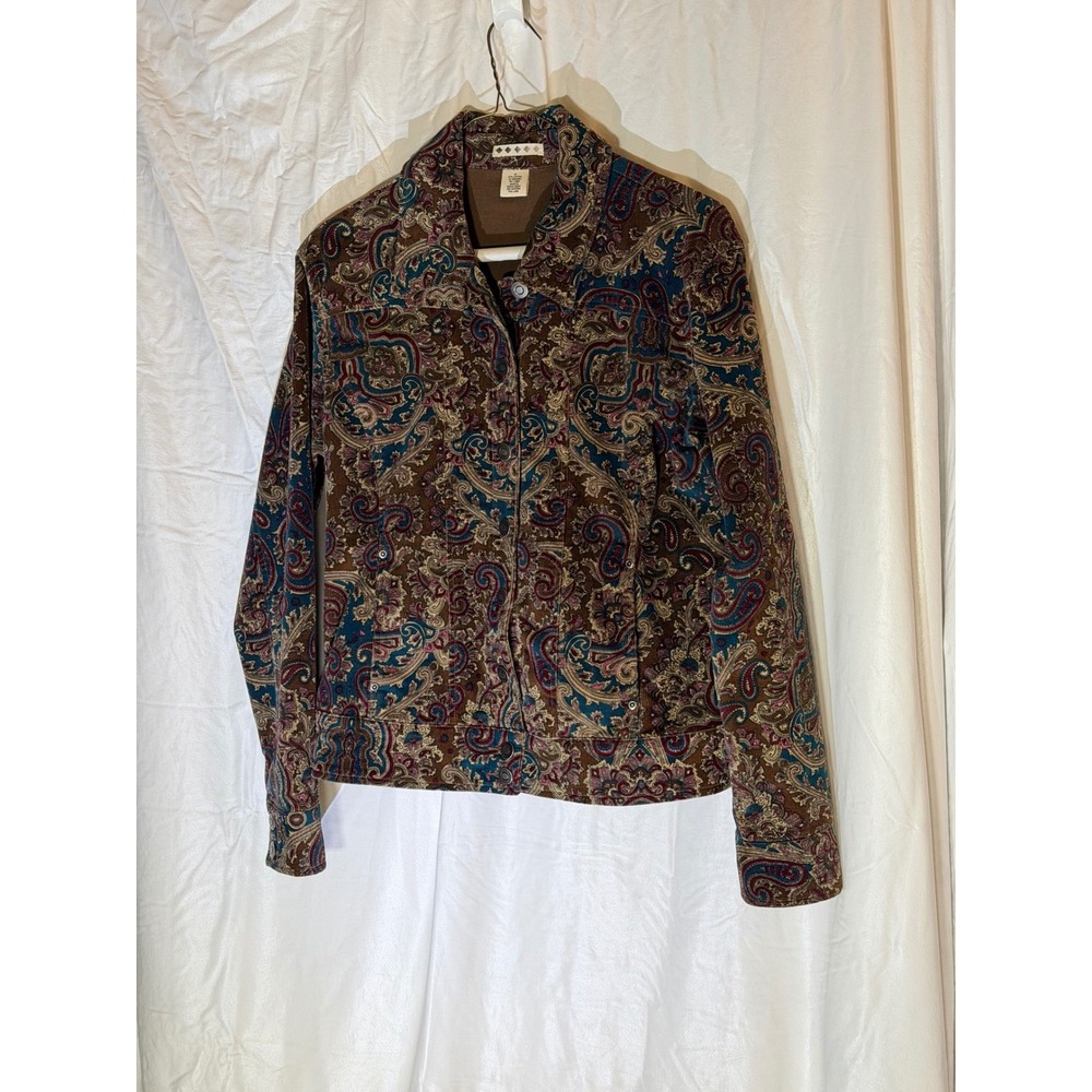 Democracy Women Brown Paisley Corduroy Jacket Button Front Stretch Size M